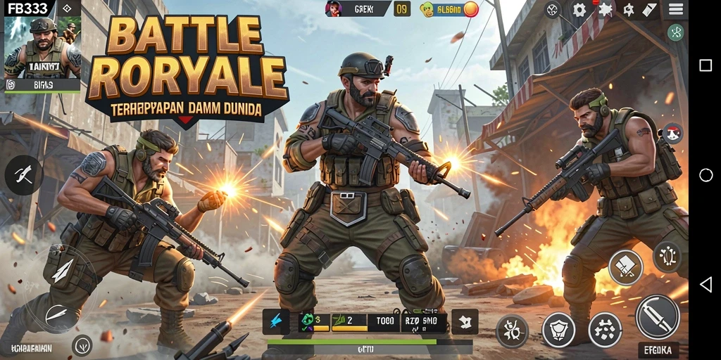 Screenshot FB333 menampilkan aksi pertempuran intens dalam Battle Royale.