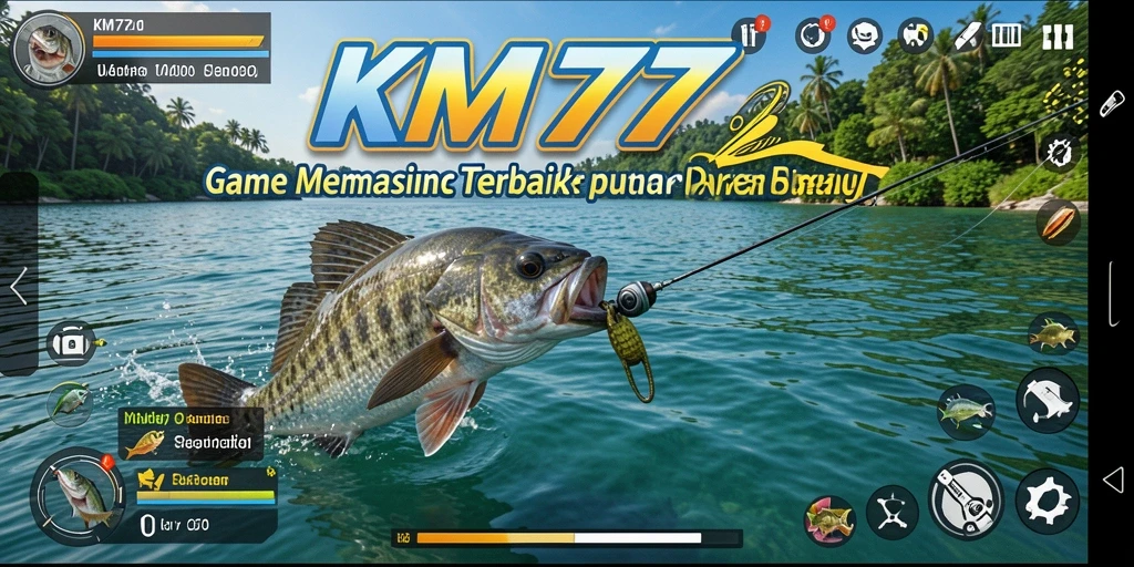 Screenshot gameplay KM777 yang menunjukkan aksi memancing seru.