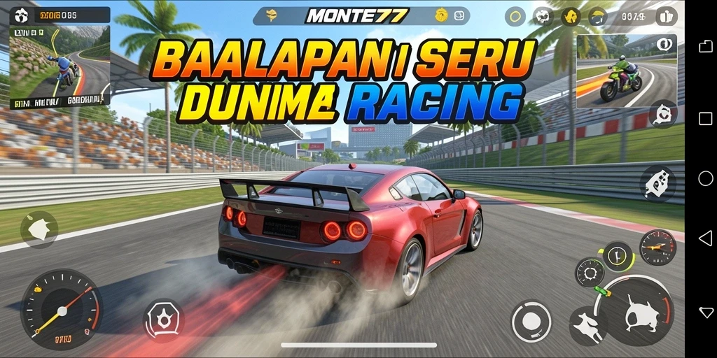 Screenshot gameplay <strong>MONTE77</strong> menampilkan mobil balap di lintasan yang menegangkan.