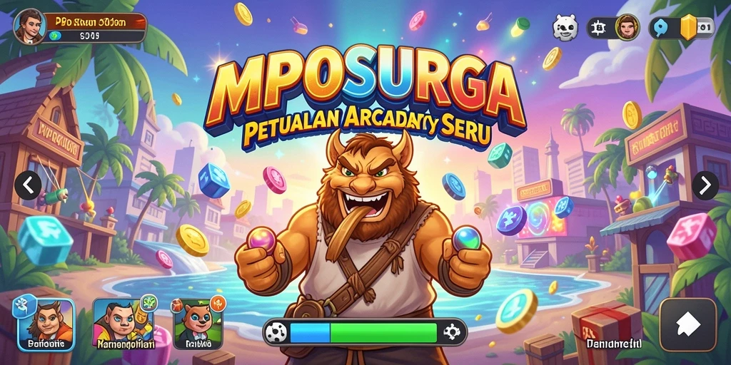 Tampilan permainan MPOSURGA yang penuh warna dan menampilkan karakter unik.