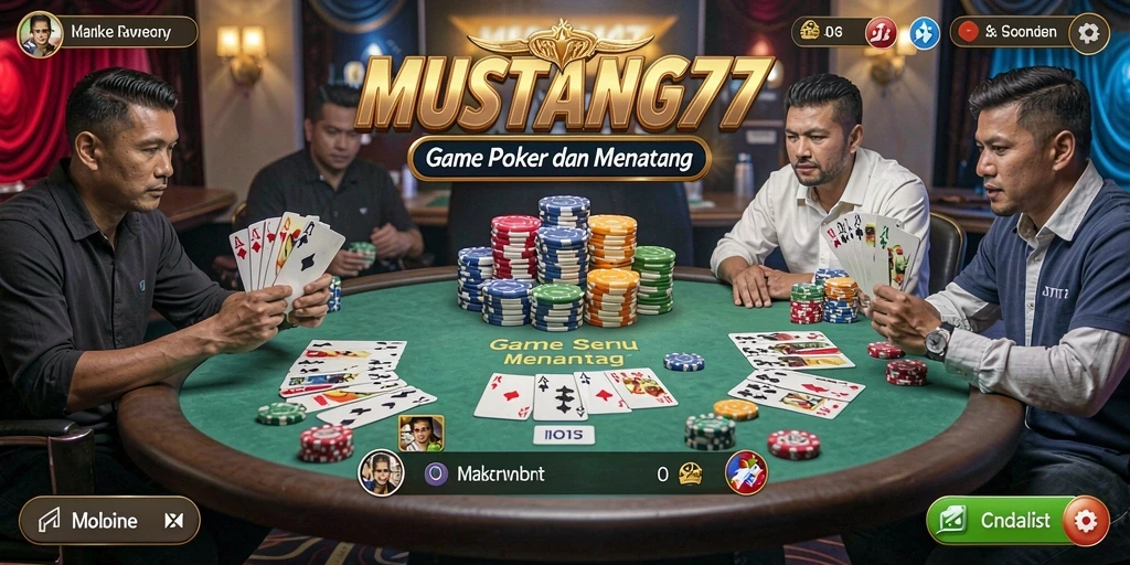Screenshot gameplay MUSTANG77 menampilkan suasana permainan Poker yang intens.